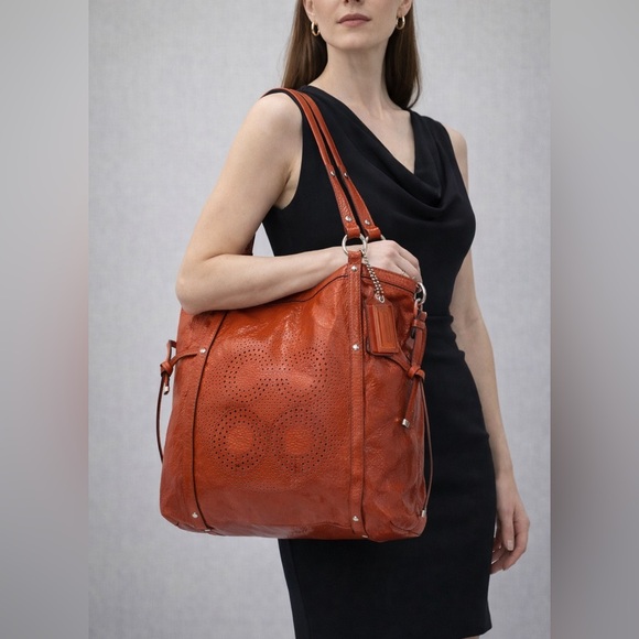 Coach AUDREY OP ART CORAL Peach Patent Leather Tote Shoulder/.Crossbody Bag BOTH - Picture 2 of 12